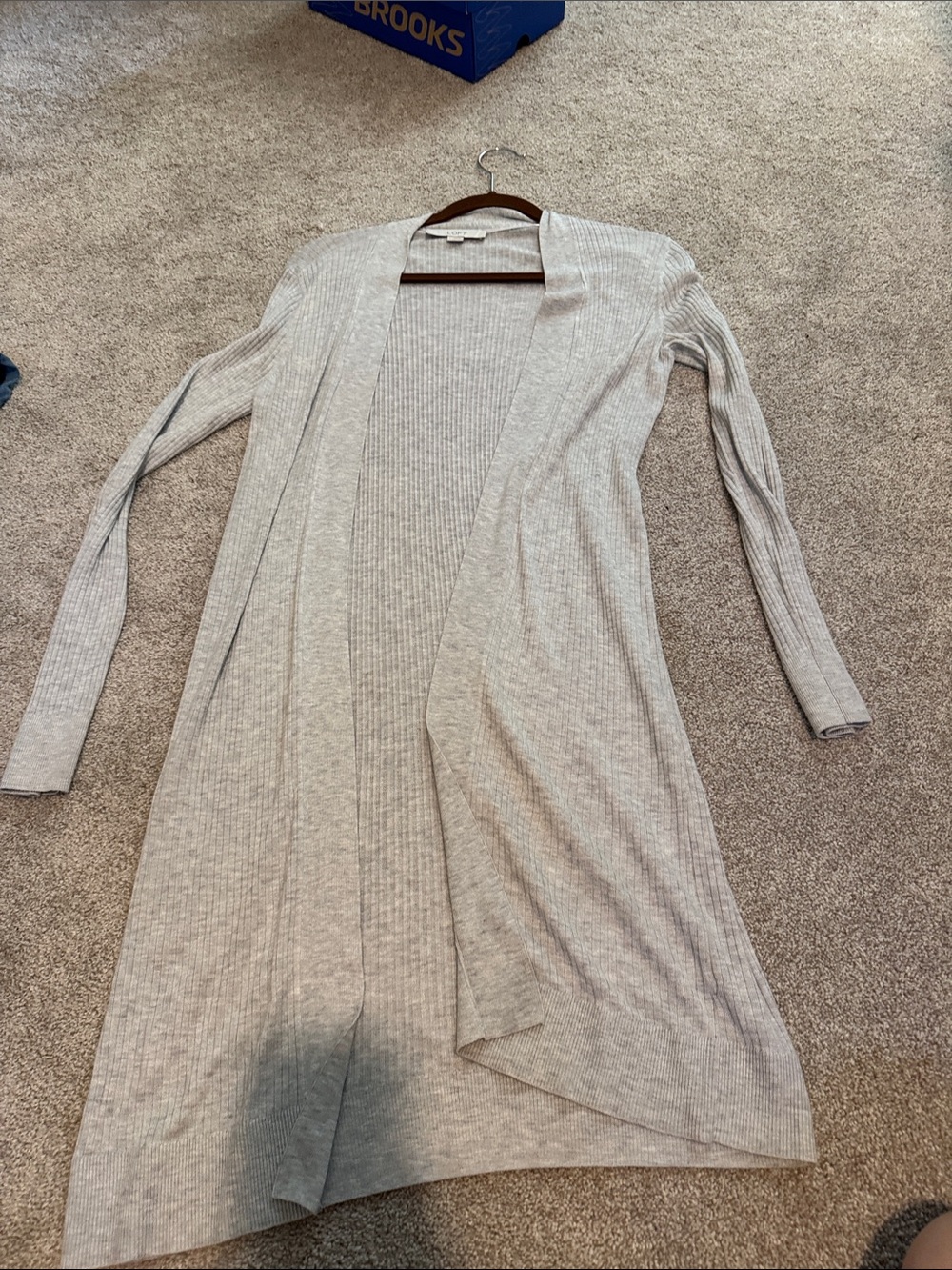 LOFT Light Gray Ribbed Open-Front Long Cardigan